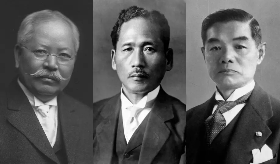 高峰譲吉博士、鈴木梅太郎博士、慶松勝左衛門の写真